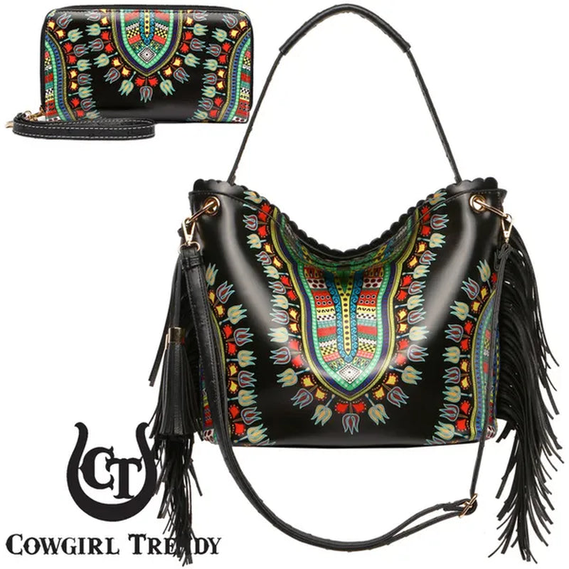 Bright African Bohemian Dashiki Ostrich Fringe Tassels Western Country Handbag Women Shoulder Bag Wallet Set Black