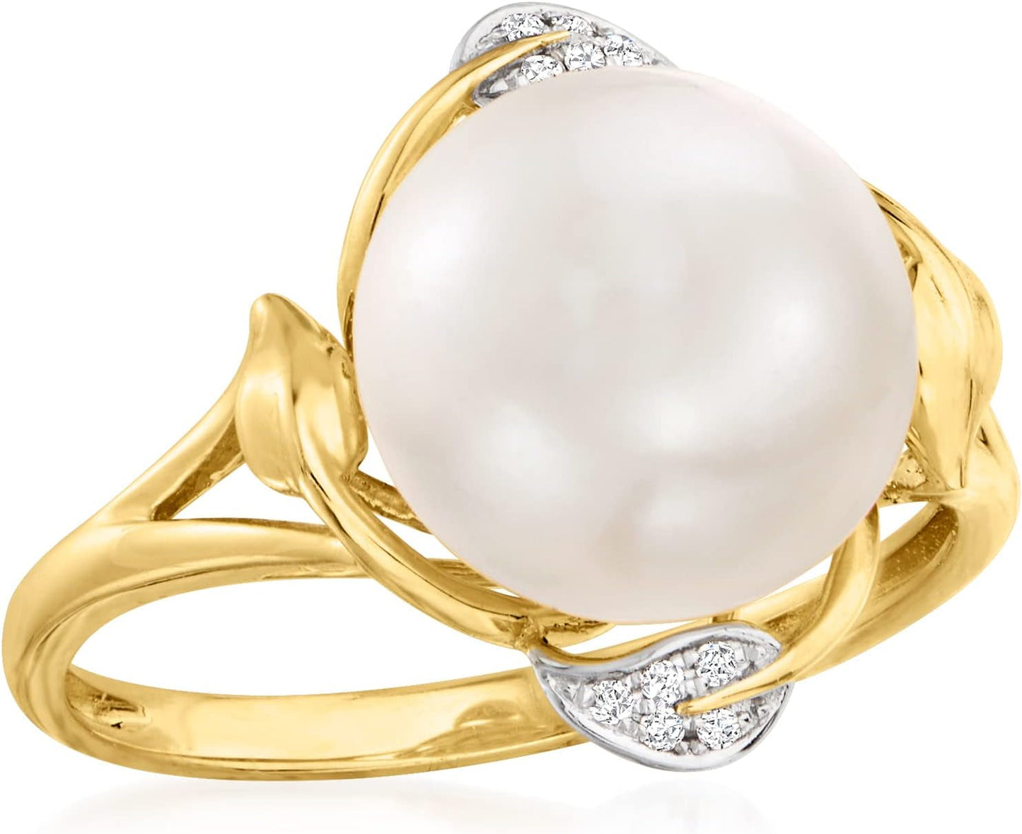 10-10.5Mm Cultured Pearl Leaf Ring with Diamonds in 14Kt Yellow Gold. Size 9