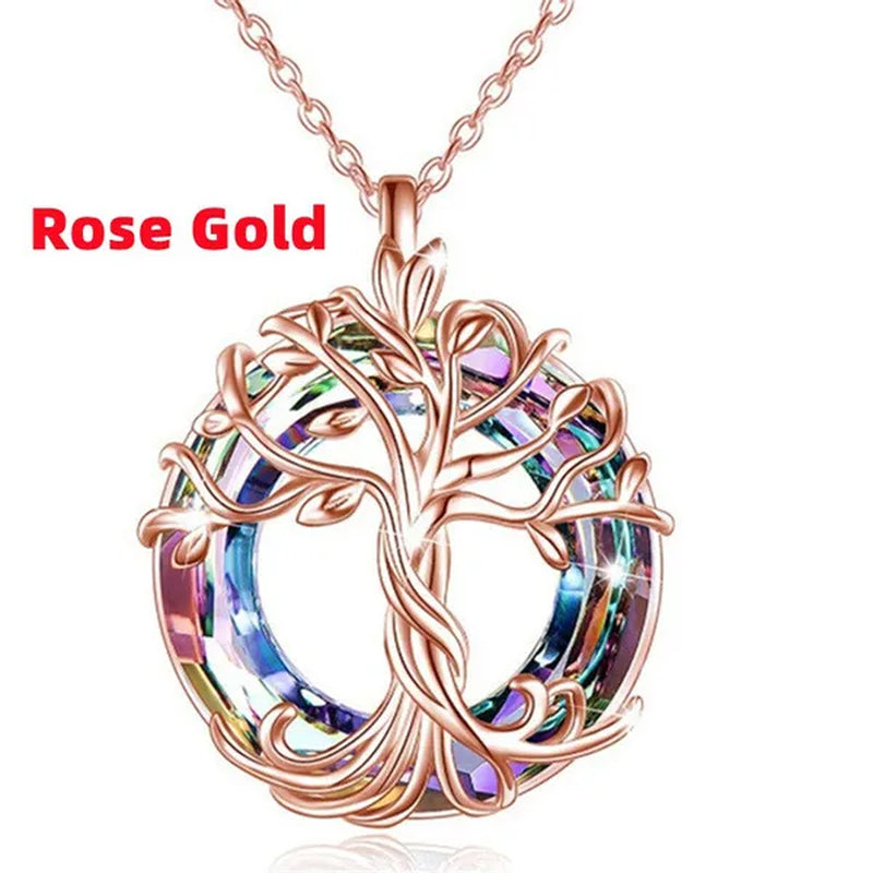 European and American Fashion Women Celtic Life Tree Crystal Pendant Necklace 925 Sterling Silver Star round Sapphire Necklace Anniversary Party Birthday Gifts for Daughte