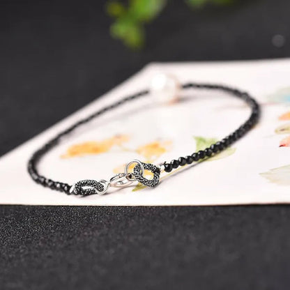 Natural Black Spinel 2mm&Freshwater Pearl 8mm S925 Silver Women Bracelet Gift