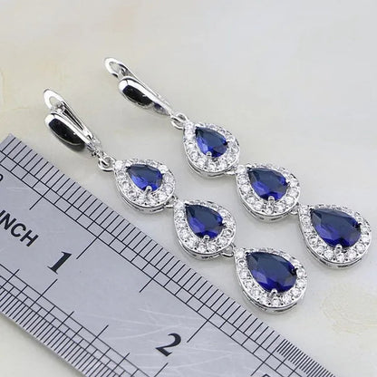 Trendy Water Drop Blue Sapphire White Topaz 925 Sterling Silver Jewelry Sets Women Wedding Earrings/Pendant/Necklace/Bracelet