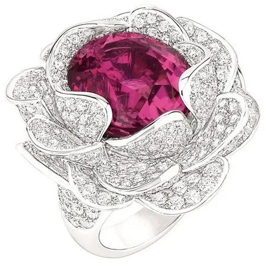 Dazzling 925 Sterling Silver Ruby Flower Diamond Ring Women Wedding Engagement Party Jewelry