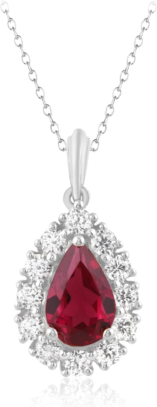 Pear Shape Natural Ruby & round Cut Lab Grown Diamond Pear Shape Pendant Necklace Sterling Silver with 18" Chain Plated 14K White Gold - WORLD TIME VISITS
