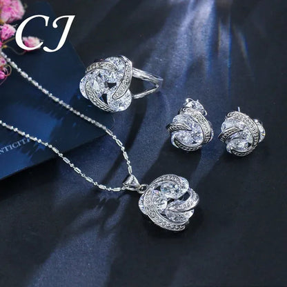 CANDICE Korean Fashion Sterling Silver Plated Women Elegant Pendant Necklace Earrings and Ring Sets Inlay Pure AAA Cubic Zirconia Knot Jewelry Set for Lady（Us 6-9)