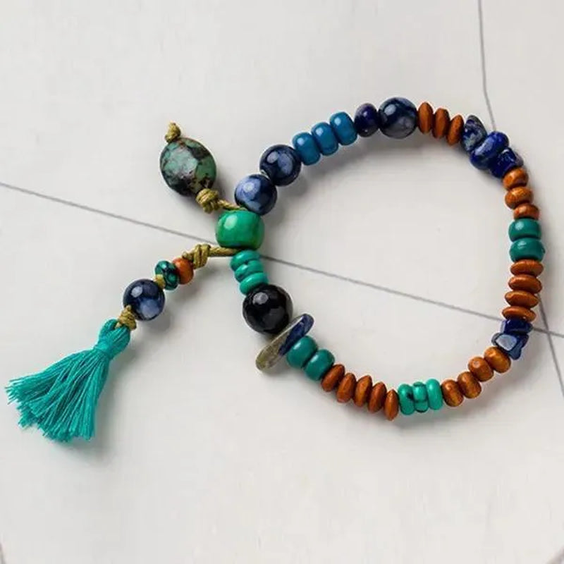 Ethnic Bohemian Tassel Handmade Beaded Bracelet Vintage Natural Gemstone Lapis & Turquoise & Obsidian & Wooden Bead Bangle Bracelets for Women and Men Couple Exquisite Wedding Engagement Christmas Jewelry Gift