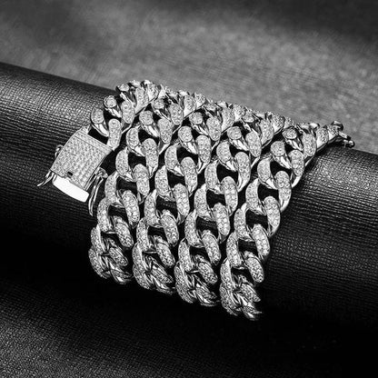 Gold/Silver Stainless Steel Hip Hop Jewelry Iced Out Rhinestone Thick Miami Cuban Link Chain Necklace Bracelet 7-28 Inch