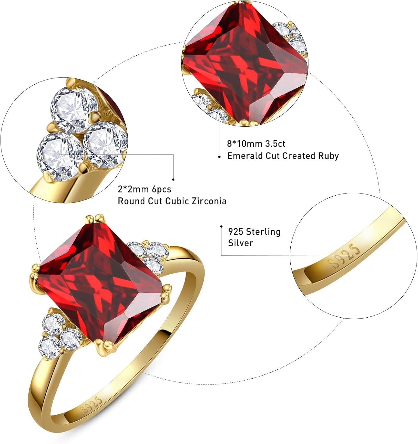 3.5Ct Simulated Gemstone Ring 925 Sterling Silver 10X8Mm Emerald Cut Sapphire|Emerald|Amethyst|Cubic Zirconia Ring Birthstone Rings for Mothers Valentines Thanksgiving Day Size 5-10