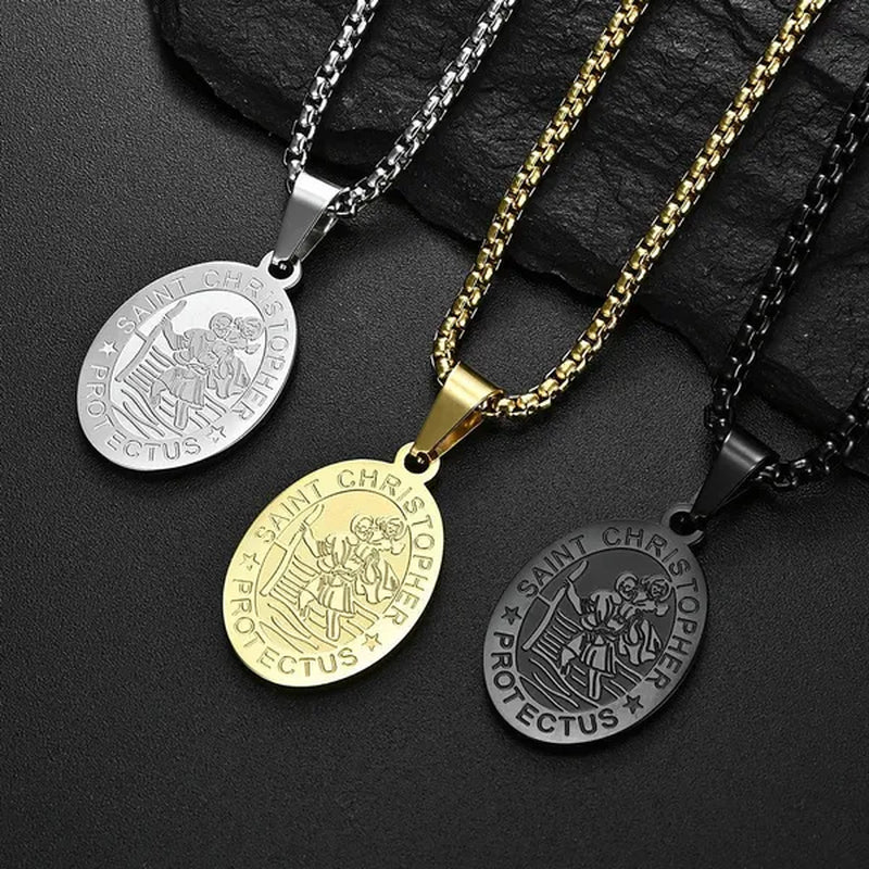Oval St Christopher Medal Necklace Stainless Steel Saint Christopher Protect Us Pendant Catholic Patron Religious Amulet Jewelry Silver / Black / Silver