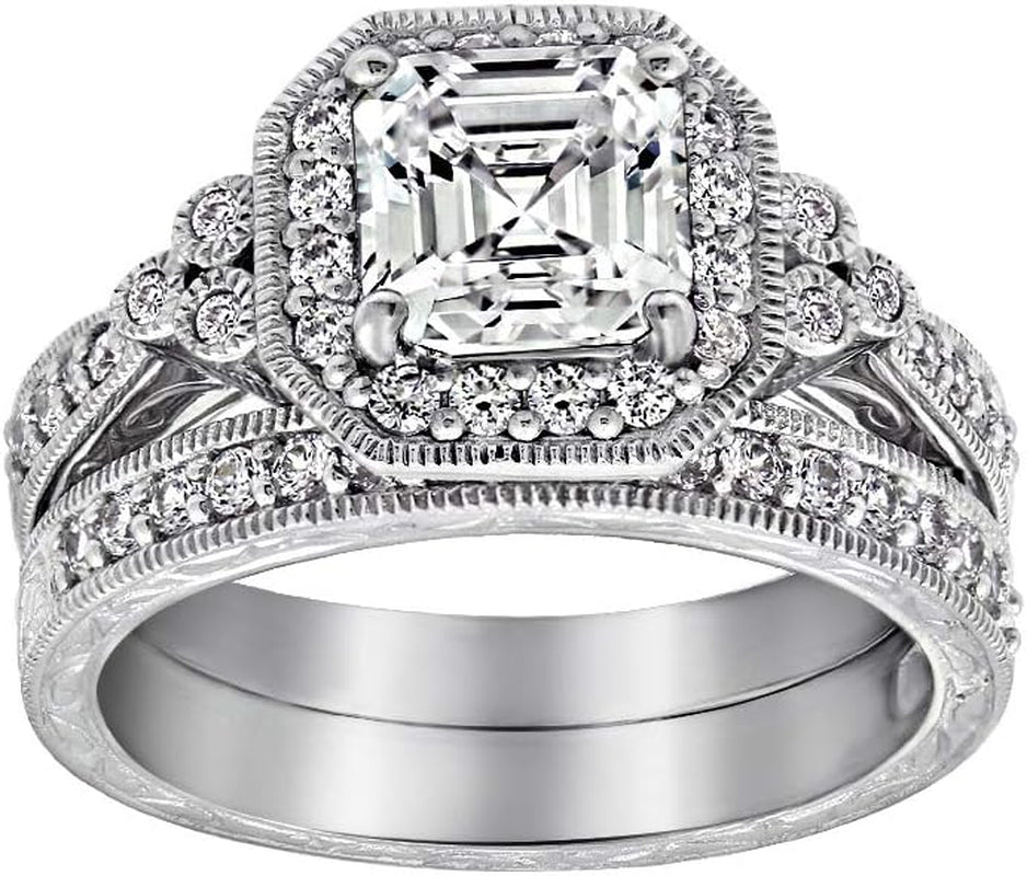 Platinum or Gold Plated Sterling Silver Antique Ring Set with Asscher-Cut Infinite Elements Cubic Zirconia (Previously Amazon Collection)