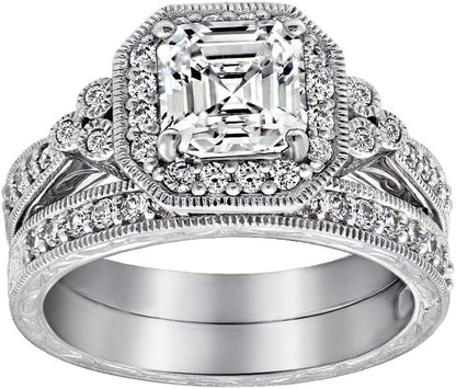 Platinum or Gold Plated Sterling Silver Antique Ring Set with Asscher-Cut Infinite Elements Cubic Zirconia (Previously Amazon Collection)