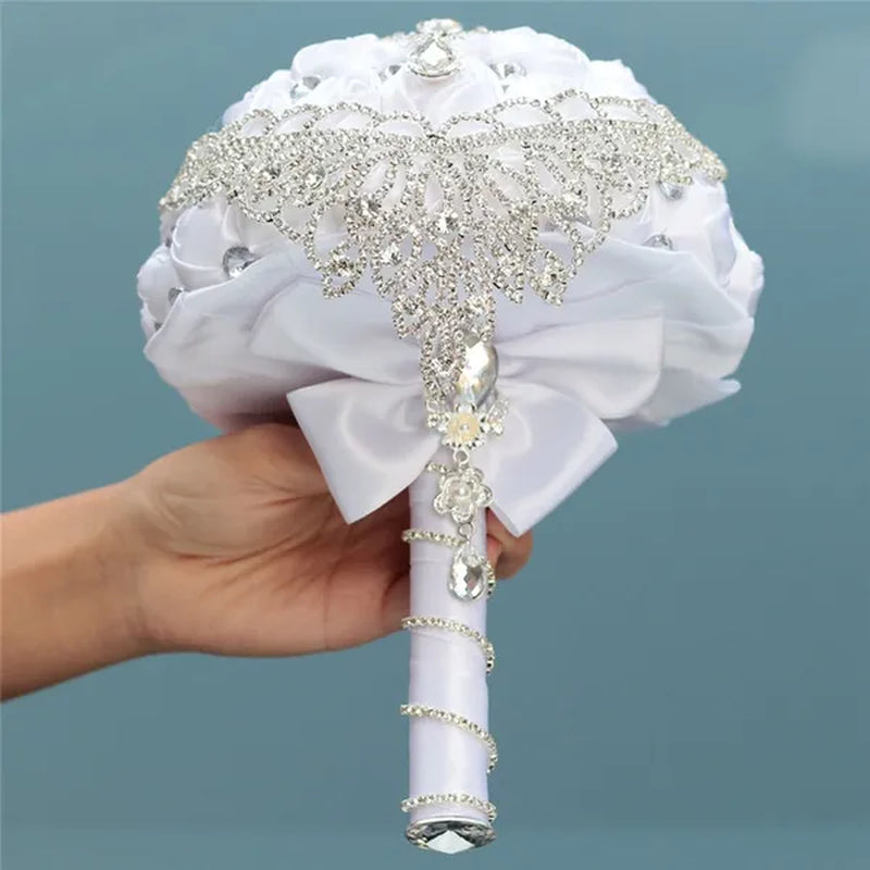 Creative Design Shiny Rhinestone Tassel Bridal Bouquet Artificial White Silk Rose Wedding Flower Bouquet Crystal Brooch Ribbon Bridesmaid Bouquet 3 Size Optional
