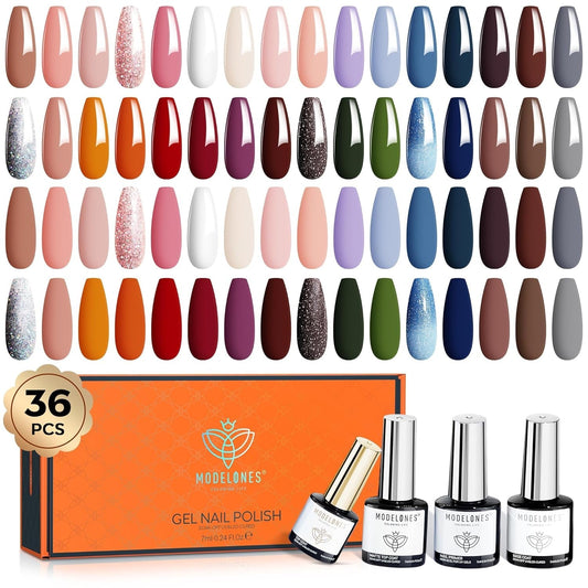 36 Pcs Gel Nail Polish Kit, Gel Polish Colors 7Ml Soak off Nude Gray Pink Blue Glitter Nail Polish Gel Starter Kit with Matte & Glossy Gel Top Base Coat Gift Set for Women - WORLD TIME VISITS