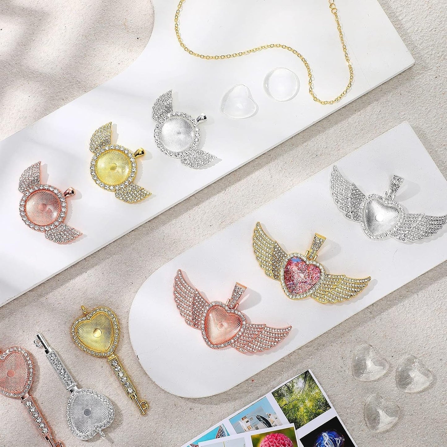 36 Pieces 25Mm Rhinestone Pendant Set, 12 Pieces 3 Shape Rhinestone Wing Bezel Pendant Tray 12 Piece Clear Glass Cabochons 12 Lobster Clasp Link Necklace Chain for DIY Jewelry Craft