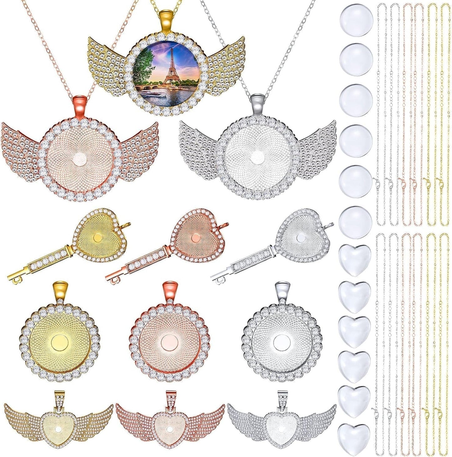 36 Pieces 25Mm Rhinestone Pendant Set, 12 Pieces 3 Shape Rhinestone Wing Bezel Pendant Tray 12 Piece Clear Glass Cabochons 12 Lobster Clasp Link Necklace Chain for DIY Jewelry Craft - WORLD TIME VISITS