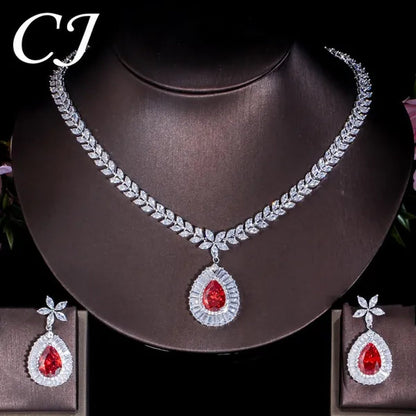CANDICE Luxury Bridal Red CZ Stone Costume Jewelry Sets Pear Drop Red Zirconia Party Necklace Earrings Set For Women Wedding