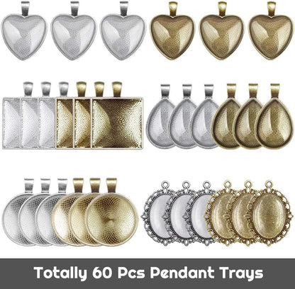 60Pcs Pendant Trays, Bezel Pendant Trays Blanks with Glass Cabochons for Pendants Making and Jewelry Making, 5 Styles - WORLD TIME VISITS