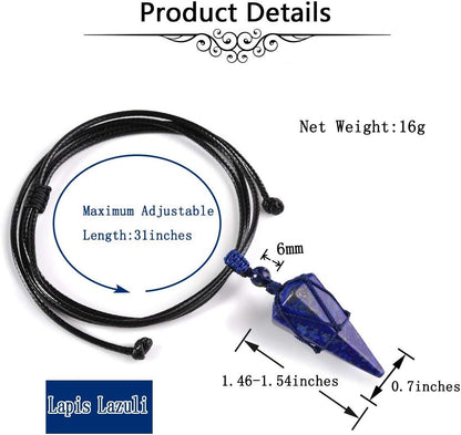 Lapis Lazuli Necklace Blue Quartz Crystal Dowsing Pendulum Divination Healing Necklace Cord Adjustable,Gemstone Hexagonal Pointed Cone Reiki Chakra Pendant