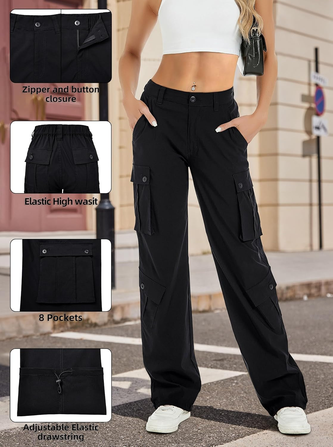 Women Pants High Waisted Cargo Pants Combat Military Wide Leg Casual Trousers 8 Pockets