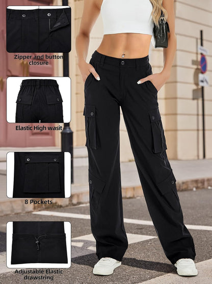 Women Pants High Waisted Cargo Pants Combat Military Wide Leg Casual Trousers 8 Pockets