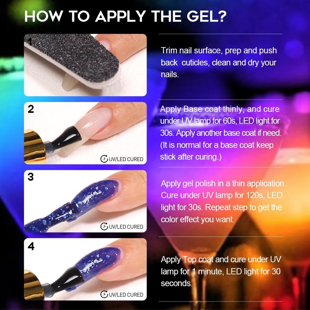 Color Changing Gel Nail Polish Set, 6 Colors Red Pink Glitter Blue Purple Mood Temperature Change Nail Polish Gel Set Soak off Nail Art Gel DIY Salon Manicure Gift