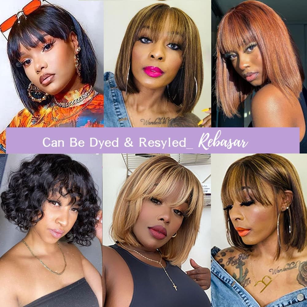 Short Bob Wig with Bangs 10 Inch Brazilian Straight Hair No Lace Front Bob Wig Human Hair Wigs for Black Women Human Hair Glueless Wear and Go Brown Colored