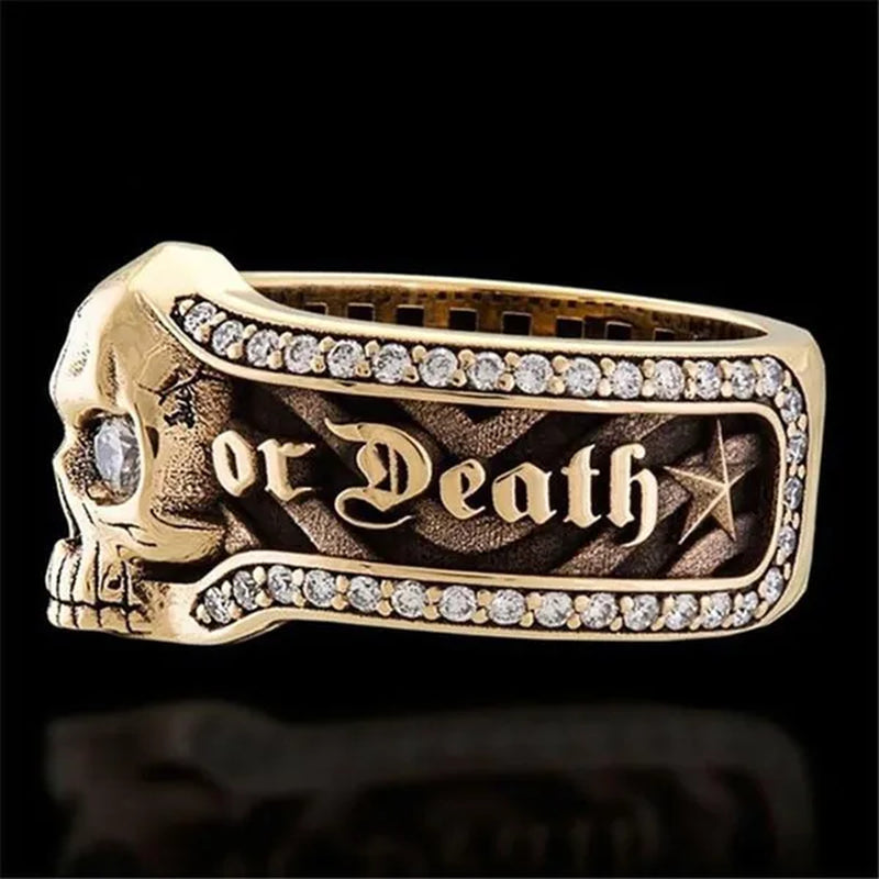 Vintage Stainless Steel Micro Inlaid Cubic Zirconia Gothic "Freedom or Death" Skeleton Skull Cocktail Rider Statement Halloween Christmas Ring Gift