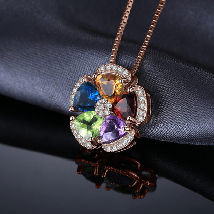 Multicolor Flower 2.6Ct Genuine Amethyst Citrine Garnet Peridot Blue Topaz Pendant Necklaces for Women, 925 Sterling Silver Natural Gemstones Jewelry Sets 18 Inches Chain