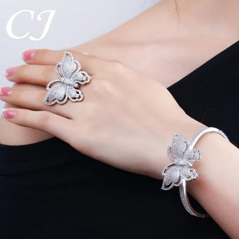 CANDICE High Quality Rose White Gold Plated Full Pave Tiny Crystal Stone Big Butterfly Shape Ring and Bangle Bracelet Party Jewelry Set for Women Christmas Gift - WORLD TIME VISITS
