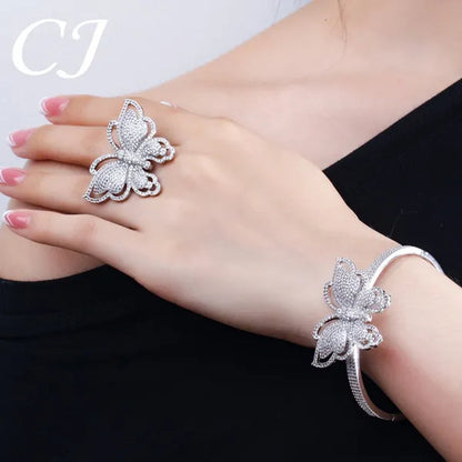 CANDICE High Quality Rose White Gold Plated Full Pave Tiny Crystal Stone Big Butterfly Shape Ring and Bangle Bracelet Party Jewelry Set for Women Christmas Gift - WORLD TIME VISITS