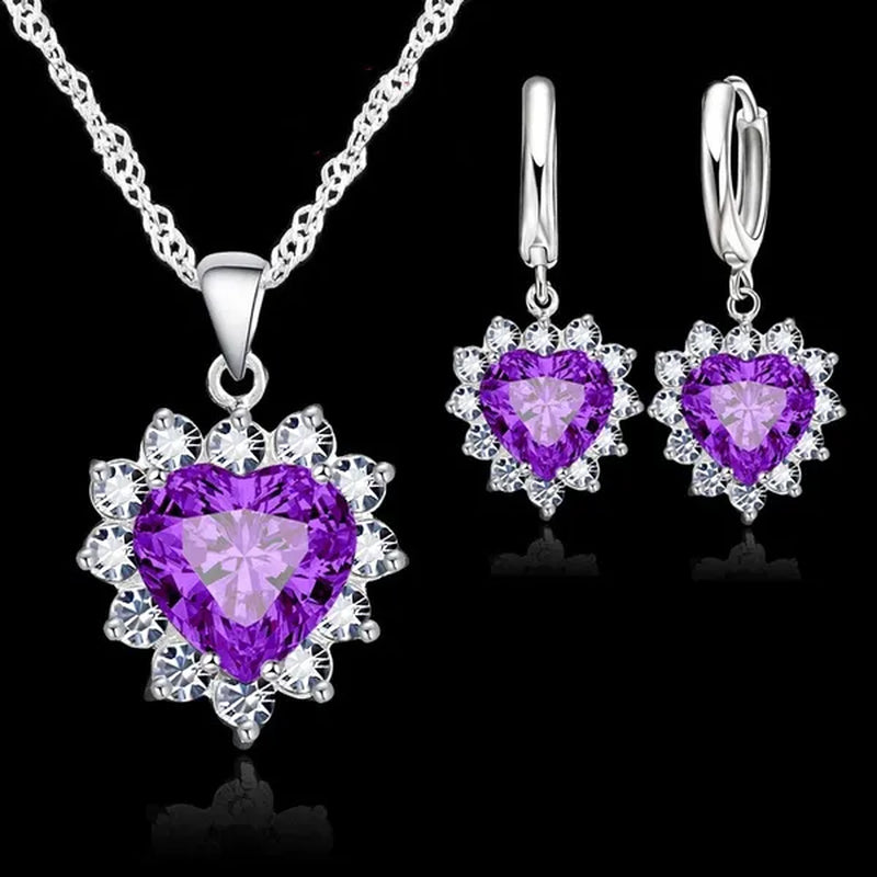 Trendy 925 Sterling Silver Jewelry Set for Women Heart CZ Stone Charm Pendants Necklaces Earrings LOVE Anniversary Gift