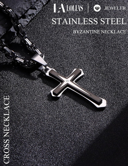 Black 14K Gold Plated 𝐂𝐫𝐨𝐬𝐬 𝐍𝐞𝐜𝐤𝐥𝐚𝐜𝐞 for Men Stainless Steel 𝐁𝐲𝐳𝐚𝐧𝐭𝐢𝐧𝐞 Chain with Cross Pendant Necklace 𝐌𝐞𝐧𝐬 𝐆𝐢𝐟𝐭 22-30Inch