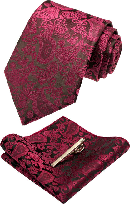 Mens Solid Color Paisley Necktie and Pocket Square with Tie Clip Sets