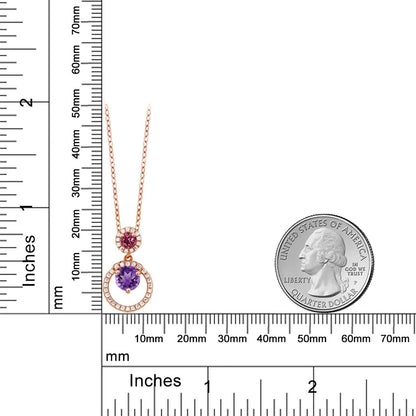18K Rose Gold Plated Silver Purple Amethyst and Pink Tourmaline Pendant Necklace for Women (1.85 Cttw, Gemstone February Birthstone, round 6MM and 4MM)