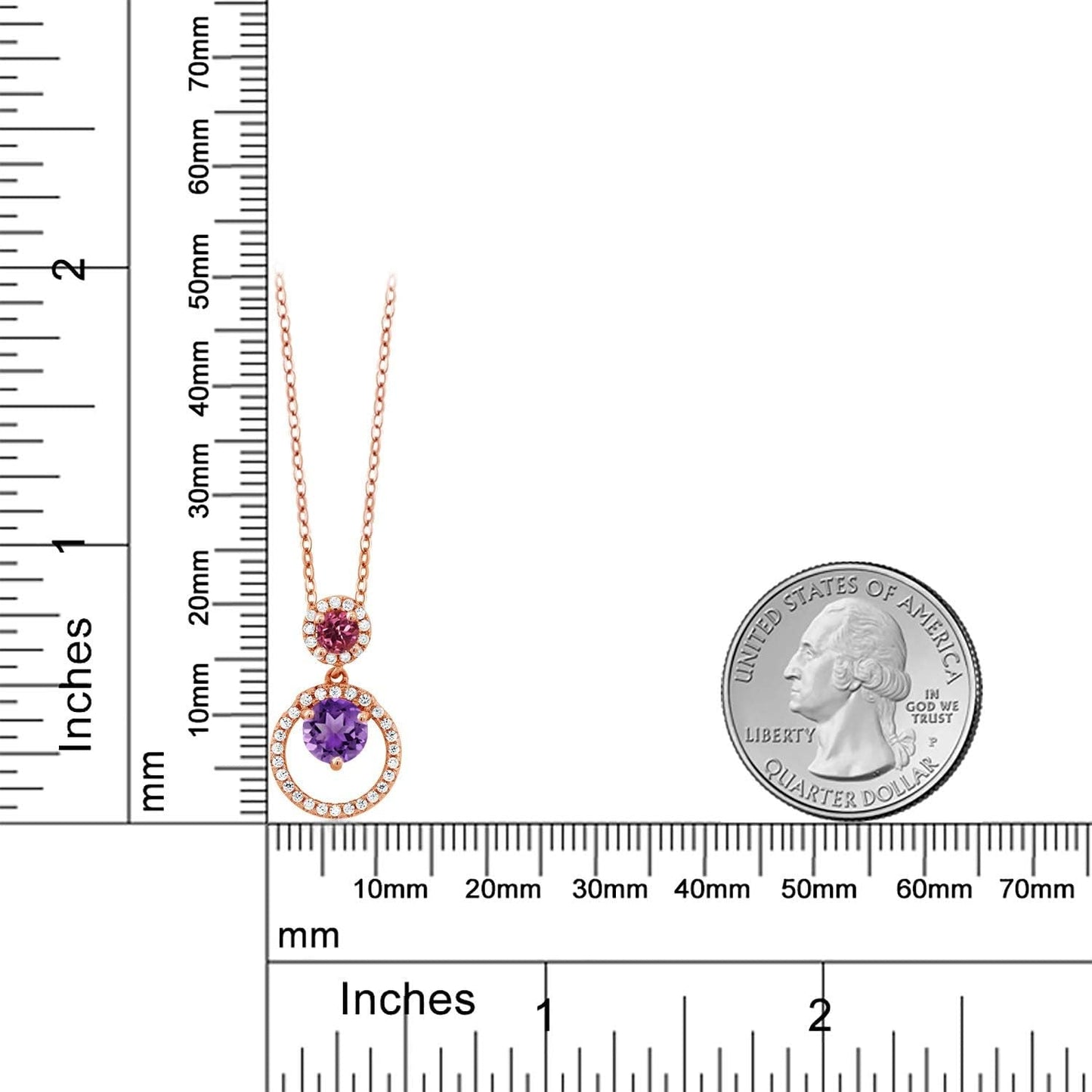 18K Rose Gold Plated Silver Purple Amethyst and Pink Tourmaline Pendant Necklace for Women (1.85 Cttw, Gemstone February Birthstone, round 6MM and 4MM)