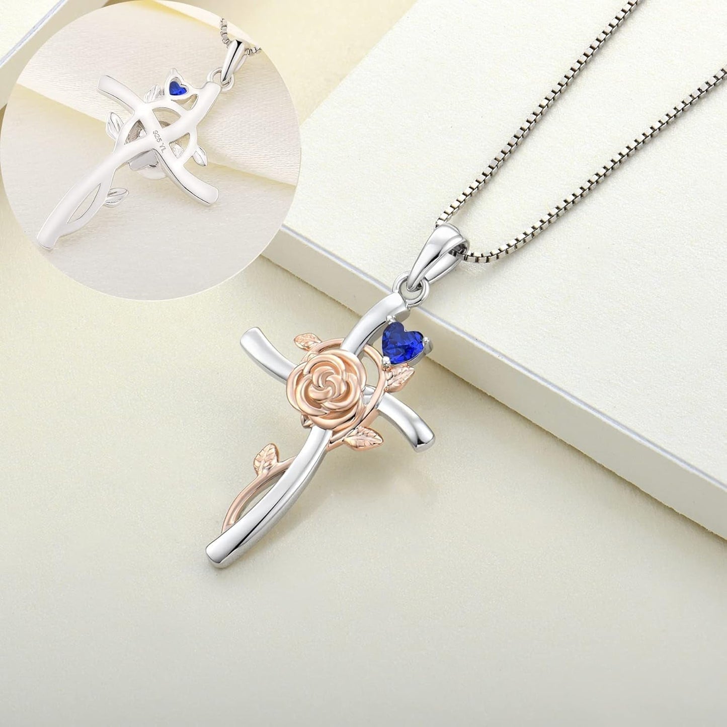 Cross Necklace 925 Sterling Silver Rose Flower Crucifix Pendant Birthstone Criss Jewelry for Women