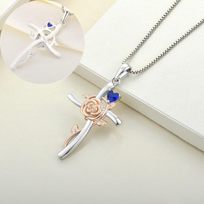 Cross Necklace 925 Sterling Silver Rose Flower Crucifix Pendant Birthstone Criss Jewelry for Women