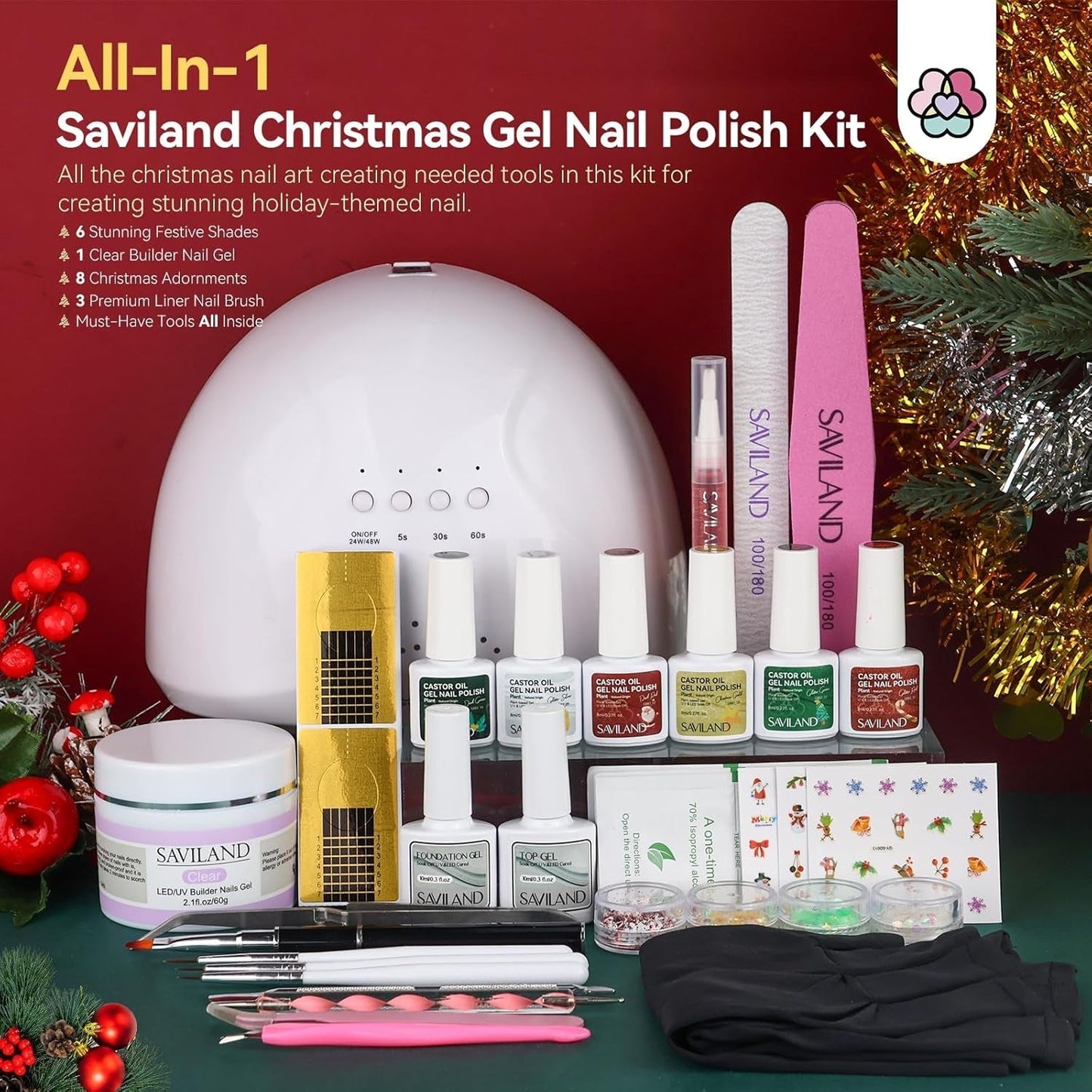 Christmas Gel Nail Polish Kit - 6 Colors Gel Nail Polish Kit with U V Light Christmas Limited Series 2.12Oz. Clear Builder Nail Gel UPF 200+ U V Protection Gloves Nail Tech Gifts