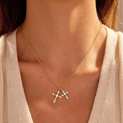 Cross Necklace 14K Gold/Silver Plated Double Cross Pendant Necklace Dainty Diamond Cross Charm Link Chain Choker Delicate Faith Jewelry Religious Gifts for Women,Valentine'S Day Gift