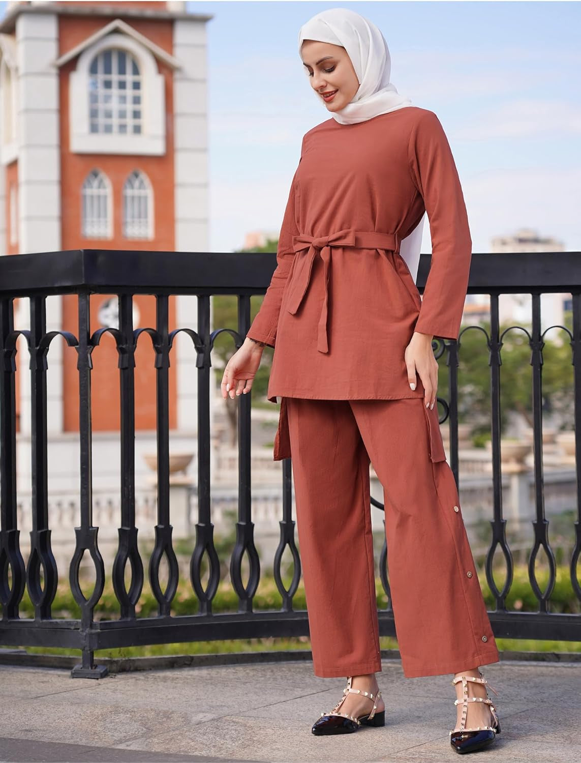 Abayas for Women Muslim 2 Pcs Sets Long Sleeve round Neck Top Dress and Pants Dubai Islamic Muslim Clothes