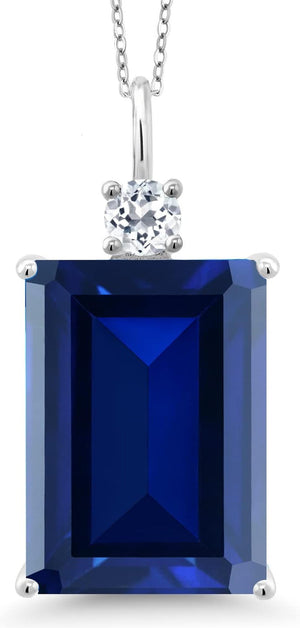 17.83 Cttw Blue Created Sapphire and White Topaz Pendant Necklace for Women in 925 Sterling Silver | Emerald Cut 18X13MM | with 18 Inch Silver Chain