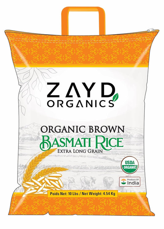 Zayd Organic Brown Basmati Rice, Indian Traditional Extra Long Basmati Rice, Vegan, Fresh, USDA Organic, 10Lbs
