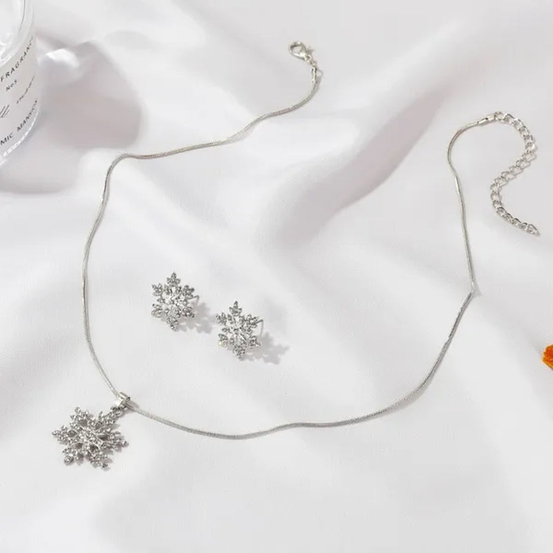 2Pcs/Set New Set of Jewellery Temperament Simple Full Diamond Snowflake Necklace Snowflake Earrings Valentine'S Day Gift