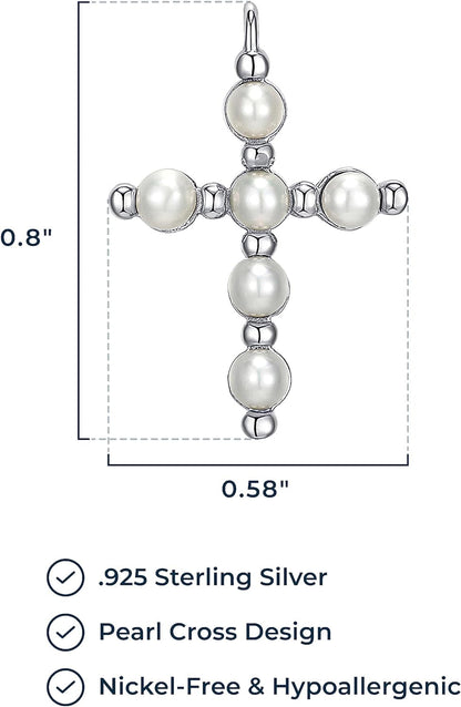.925 Sterling Silver Gemstone or Cultured Pearl Classic Cross Pendant Necklace on 18" Chain - Choice of Birthstone Colors