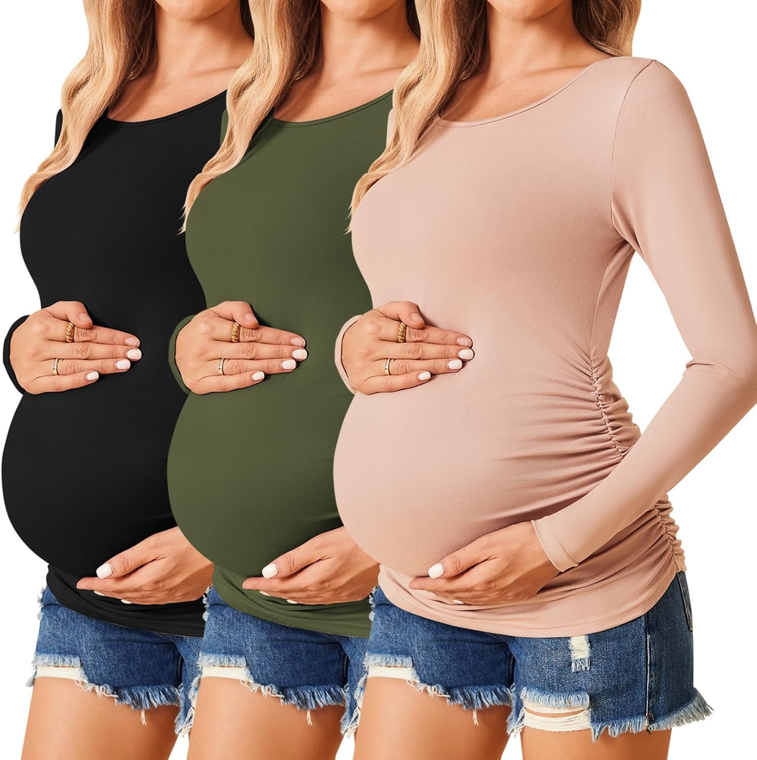 Womens Maternity Shirts Long Sleeve 3 Packs Pregnancy Tee Top Tunic Blouse Casual Mama Clothes S-XXL - WORLD TIME VISITS