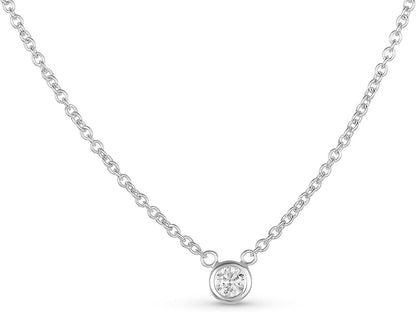 AGS Certified Natural Diamond Dainty Solitaire Bezel Necklace, White Gold 0.15 CTTW Prong Setting on 18" Extendable 14K Gold Chain (H Color, SI1-SI2 Clarity) - WORLD TIME VISITS