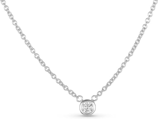 AGS Certified Natural Diamond Dainty Solitaire Bezel Necklace, White Gold 0.15 CTTW Prong Setting on 18" Extendable 14K Gold Chain (H Color, SI1-SI2 Clarity) - WORLD TIME VISITS