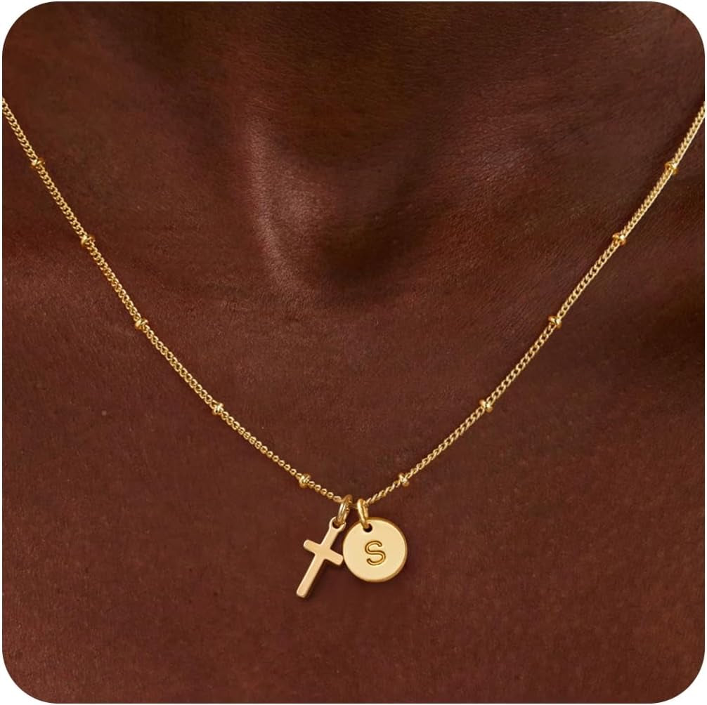 Valentines Day Gifts for Kids Teen Girls - Dainty 14K Gold Plated Cross Disc Initial A-Z Pendant Necklace Trendy Faith Jewelry Birthday Personalized Valentines Gifts for Women Girls