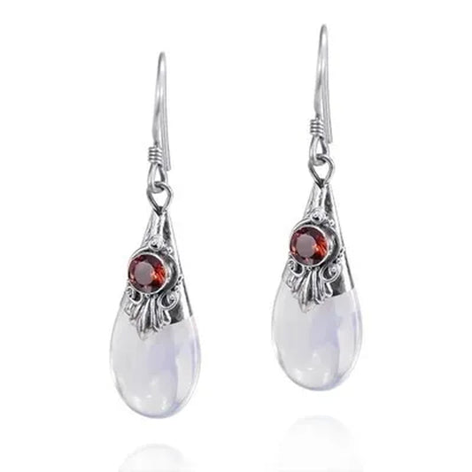 Dazzling 925 Solid Sterling Silver Natural Gemstone Amethyst Ruby & Black Sapphire Moonstone Diamond Floral Dangle Earrings Women Wedding Fine Jewelry