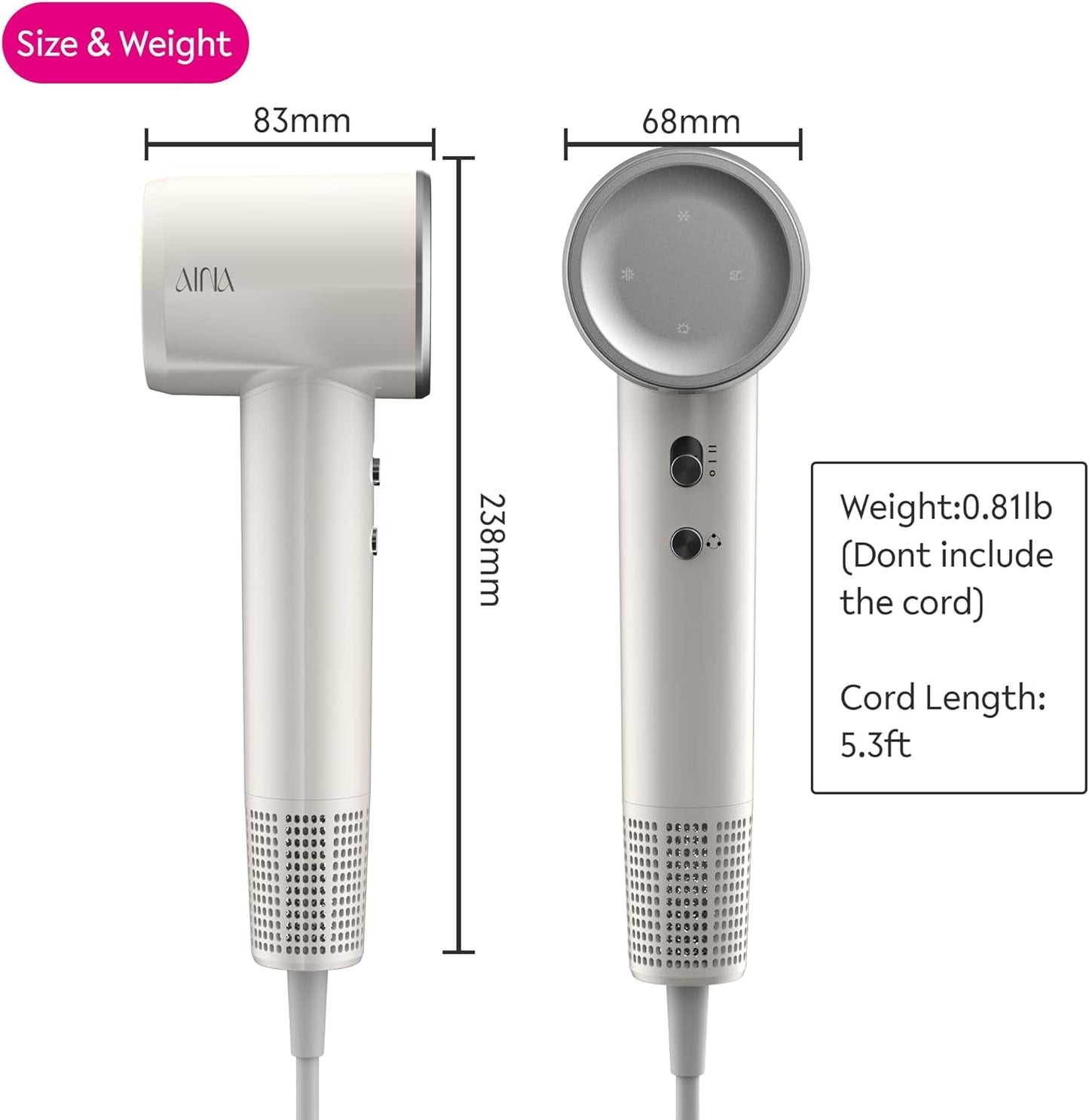 Hair Dryer, Blow Dryer - Brushless Motor, 110,000 RPM Lightweight, Ionic Travel 110V/ALCI Plug(1Vory White)