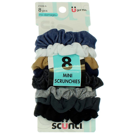 Effortless Beauty Mini Scrunchies No-Damage Assorted Denim-Colors Elastics 8 Count, Ponytailers - WORLD TIME VISITS